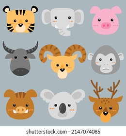 Animals and wildlife faces vector cartoon, Vector set of cute cartoon animals heads, Zoo animals heads cartoon, Cute animal faces collection characters cartoon, Baby animals faces head 