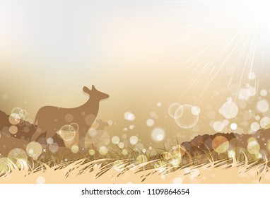 Animals and wildlife, silhouette Deer paper art among Savannah in autumn season blurry Bokeh concept abstract background vector illustration