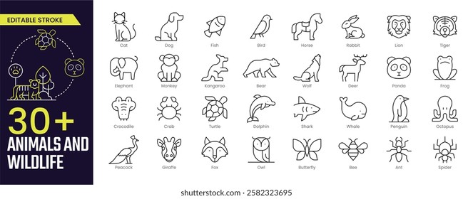 Animals and Wildlife Stroke icon collections. Containing Cat, Rabbit, Bird, Lion, Tiger, Frog, Turtle, Fox, Peacock, Elephant, and more icons. Editable Stroke icon collection Outline icon