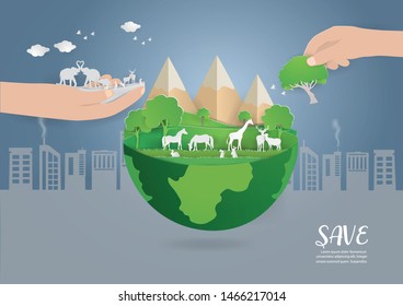 Animals Wildlife and World environment concept with The animals travel from pollution to the green world in green background.paper craft style vector and illustration