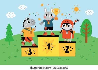 Animals Winners. Athletes Stand On Podium. Competition Champions With Trophy And Medals. Gold Cup Award Ceremony. Hare, Horse And Owl On Winning Pedestal. Sport Success