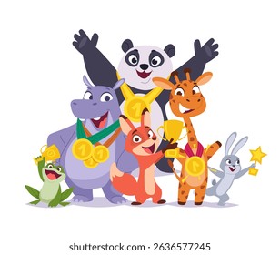Animals winners. happy characters holding golden cup awards
