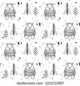 Animales en invierno, oso de mano con suéter navideño, patrón navideño vectorial Para telas, ropa, decoración, decoración, tarjetas y plantillas, papel envolvente, huellas para niños.
