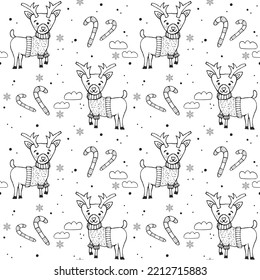 Animales en invierno, venado de mano con suéter de navidad, patrón de navidad vectorial Para telas, ropa, decoración, decoración en casa, tarjetas y plantillas, papel envolvente, huellas para niños.