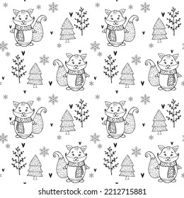 Animals in Winter, Hand Drawn fox, trees and snow, Vector Christmas Pattern For fabrics, clothing, decoration, home decor, cards and templates, wrapping paper, kids prints.