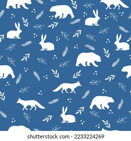 Animals winter seamless pattern. Christmas seamless pattern with bears, foxes, hares and winter branches and berries