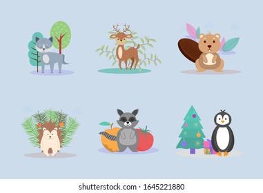 Animals wolf, deer, beaver, raccoon, penguin and hedgehog. Colorful vector illustration