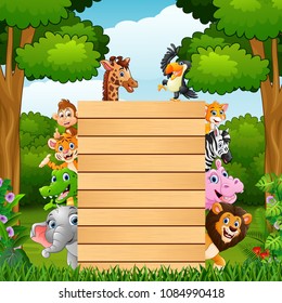 Animals with wood blank sign in jungle