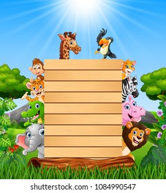 Animals with wood blank sign in jungle