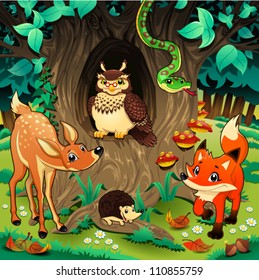 Animals in the wood. Cartoon and vector illustration.