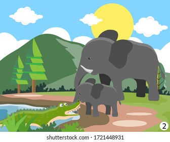 Animals in the wood. Cartoon vector illustration, two elephants and a crocodile, part 2