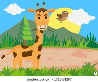 Animals in the wood. Cartoon vector illustration,  giraffe and birds,  part 2