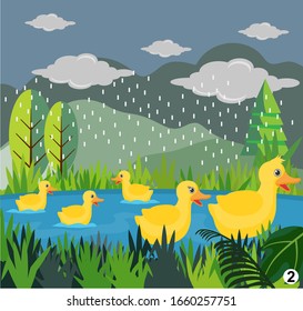 Animals in the wood. Cartoon and vector landscape, duck family