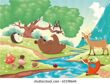 Animals in the wood. Cartoon and vector landscape, isolated objects.