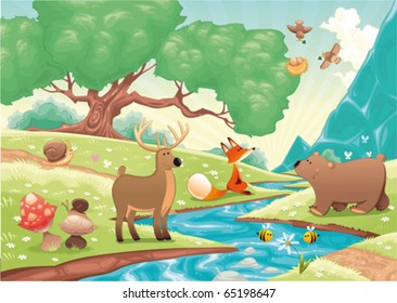 Animals in the wood. Cartoon and vector landscape, isolated objects.