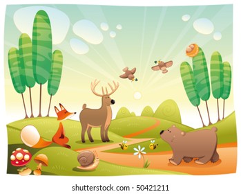 Animals in the wood. Funny cartoon and vector illustration, isolated objects