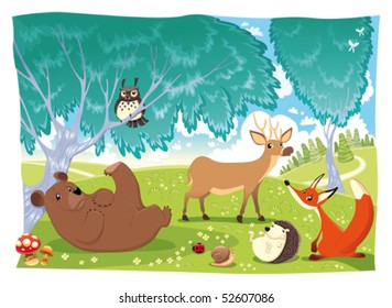 Animals in the wood. Funny cartoon and vector illustration