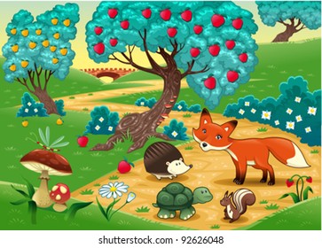 Animals in the wood. Funny cartoon and vector illustration