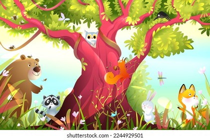 Animals in the woods, childish cartoon with cute animals and a big tree. Forest animals scenery, wallpaper for kids in watercolor style. Woodland or jungle scene for children, vector background.