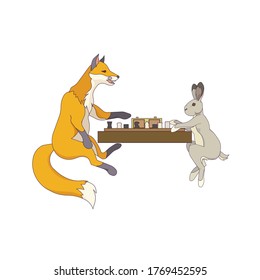 Animals of Woods – Red Fox and Grey Hare playing chess on white isolated background that was made as a vector illustration in Cartoon style for prints on clothes, covers, postcards or sketchbooks.