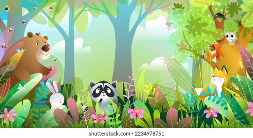 Animals in woods wallpaper for children. Cute animal characters in the forest background, horizontal woodland panorama. Adorable wildlife hiding in trees and grass. Vector illustration for kids book.