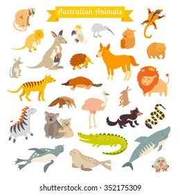 Animals of the world, Australia. Australian animals for children and kids. Australian mammals. Australian animals cartoon style. Vector illustration, preschool, baby. Isolated on white background 