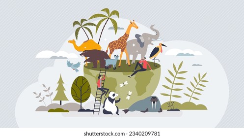 Animals of the world with global biodiversity protection tiny person concept. Planet with exotic fauna and environmental wildlife vector illustration. Eco life exploration and mammal protection.