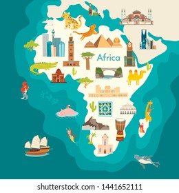 Animals World Map, Africa. Africa Continent With Landmarks Vector Cartoon Illustration. Poster, Art, Travel Card 