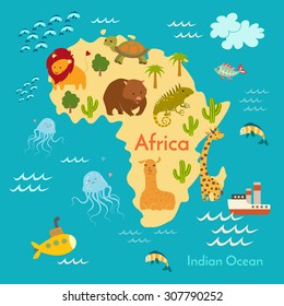 Animals world map, Africa. Vector illustration, preschool, baby, continents, oceans, drawn, Earth.