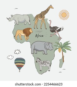 Animals world map African continent vector illustration.