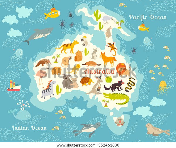 動物の世界地図 オーストラリア オーストラリアの動物ポスター オーストラリアの地図 オーストラリアの哺乳類の漫画のスタイル オーストラリア の哺乳類 ベクターイラスト 未就学児 大陸 海洋 描画 教育 地球 のベクター画像素材 ロイヤリティフリー