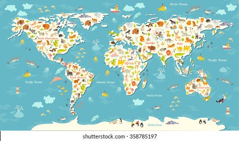 Animals world map. Beautiful cheerful colorful vector illustration for children, kids. Inscription of the oceans and continents. Eurasia, Africa, Australia, North America and South America continents