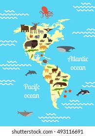 Animals world map for children. South and North America vector illustration