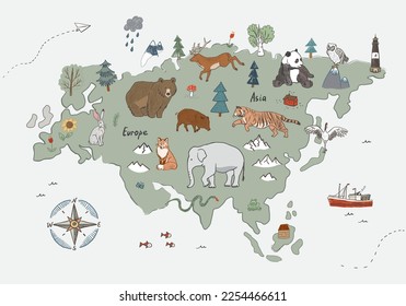 Animals world map Eurasia continent vector illustration.