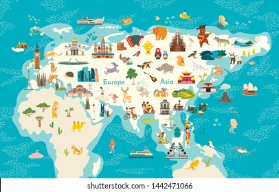 Animals world map, Eurasia. Vector illustration, preschool, baby, continents, oceans, drawn, Earth