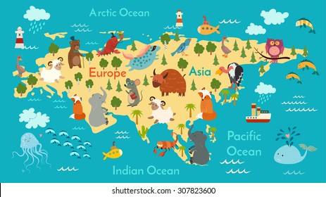 Animals world map, Eurasia. Vector illustration, preschool, baby, continents, oceans, drawn, Earth.