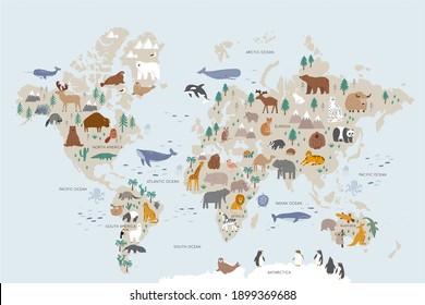 Animals world map for kids. Poster with cute vector animals in flat style. Cartoon doodle characters in scandinavian style for children