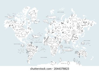Animals world map for kids. Poster with cute vector animals in flat style. Cartoon doodle characters in scandinavian style for children - coloring page. Big coloring poster