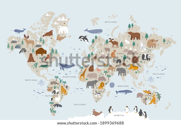 子ども向けの世界地図 かわいいベクター動物が平らなポスター 北欧風の子ども向け漫画の落書き風キャラクター のベクター画像素材 ロイヤリティフリー