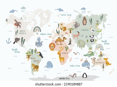 Animals world map for kids wallpaper design - Shutterstock ID 2190189887