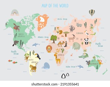 Animals world map for kids wallpaper design