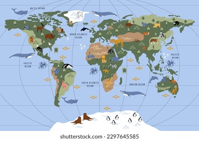 Animals world map for kids. Zoology and geography. Wallpaper with animals and birds at map of continents and countries. Childrens poster for education and learning. Cartoon flat vector illustration