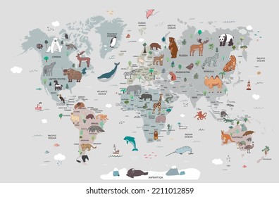 Animales con mapa del mundo y nombres de los países