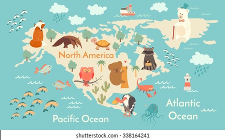 Animals world map, North America. North America map for children,kids. North American animals poster.North America continent animals, sea life.North America poster.Vector illustration,preschool,oceans