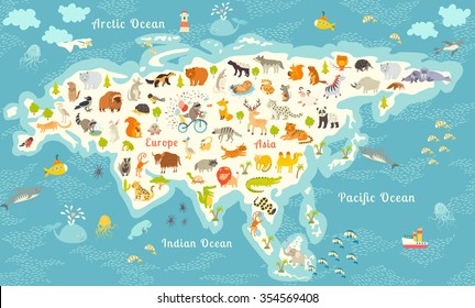 Animals world map, North America. Colorful vector illustration for children and kids.North American animals poster. Mammals cartoon style.Preschool, education, baby, continents, oceans, drawn, Earth