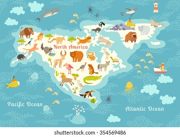 Animals world map, North America.Colorful cartoon vector illustration for children and kids. North America mammals,sea life. Animals poster.Preschool, education, baby, continents, oceans, drawn, Earth