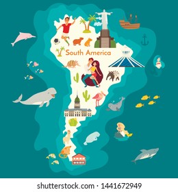 Animals world map, South America with landmarks. South America colorful cartoon vector illustration for children and kids. Preschool, education, baby, continents, oceans, drawn, Earth