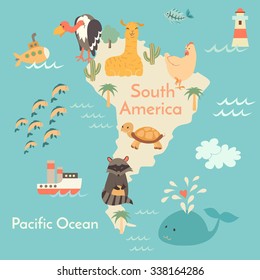 Animals world map, South America. South America map for children,kids. South American animals poster.South America continent animals, sea life.South America poster.Vector illustration,preschool,oceans