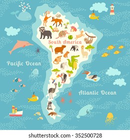 Mapa mundial de animales, Sudamérica. Afiche de animales sudamericanos.Estilo de caricatura de mamíferos sudamericanos.Mamíferos sudamericanos.Ilustración vectorial, preescolar, bebé, continentes, océanos, dibujados, educación,Tierra