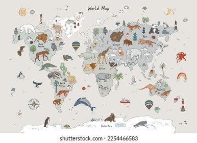 Animals world map vector illustration poster.